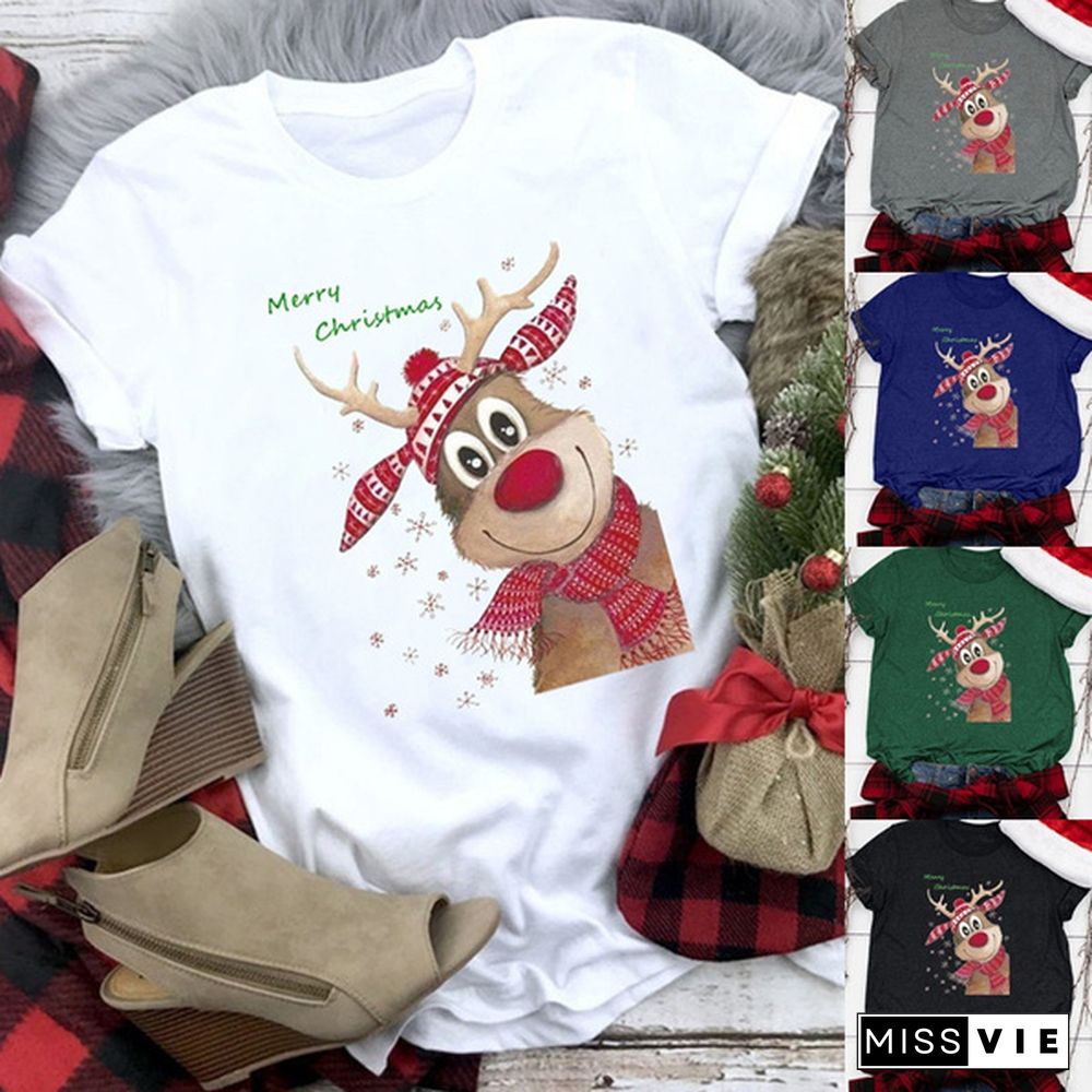 Christmas Women's Fashion Short Sleeve Casual O-neck Deer Ans Merry Christmas Printing Cotton T-shirt Tops