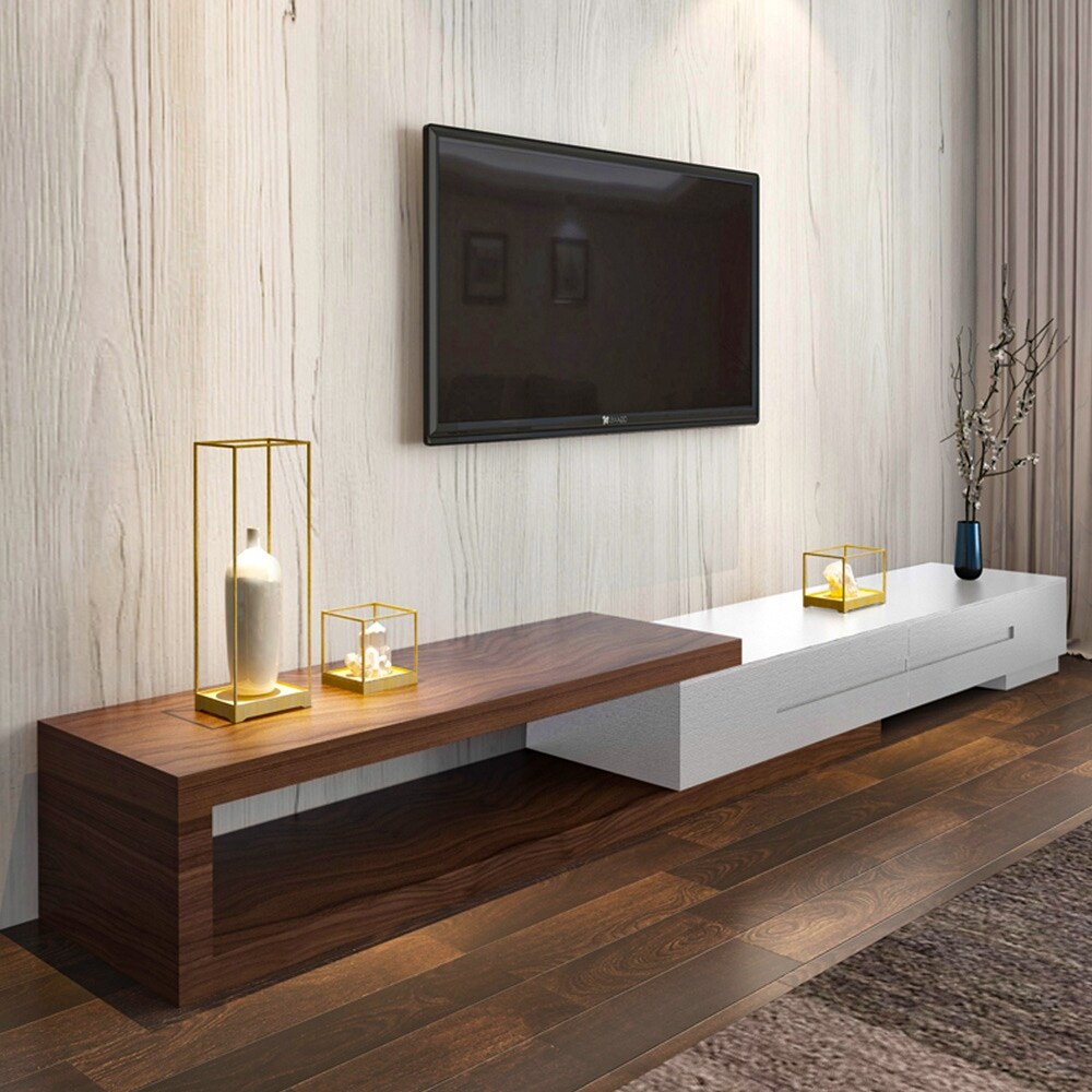 Modern Extendable White/Black TV Stand， Wood Media Console for Up to 70 Inch TV with 2 Drawers，78