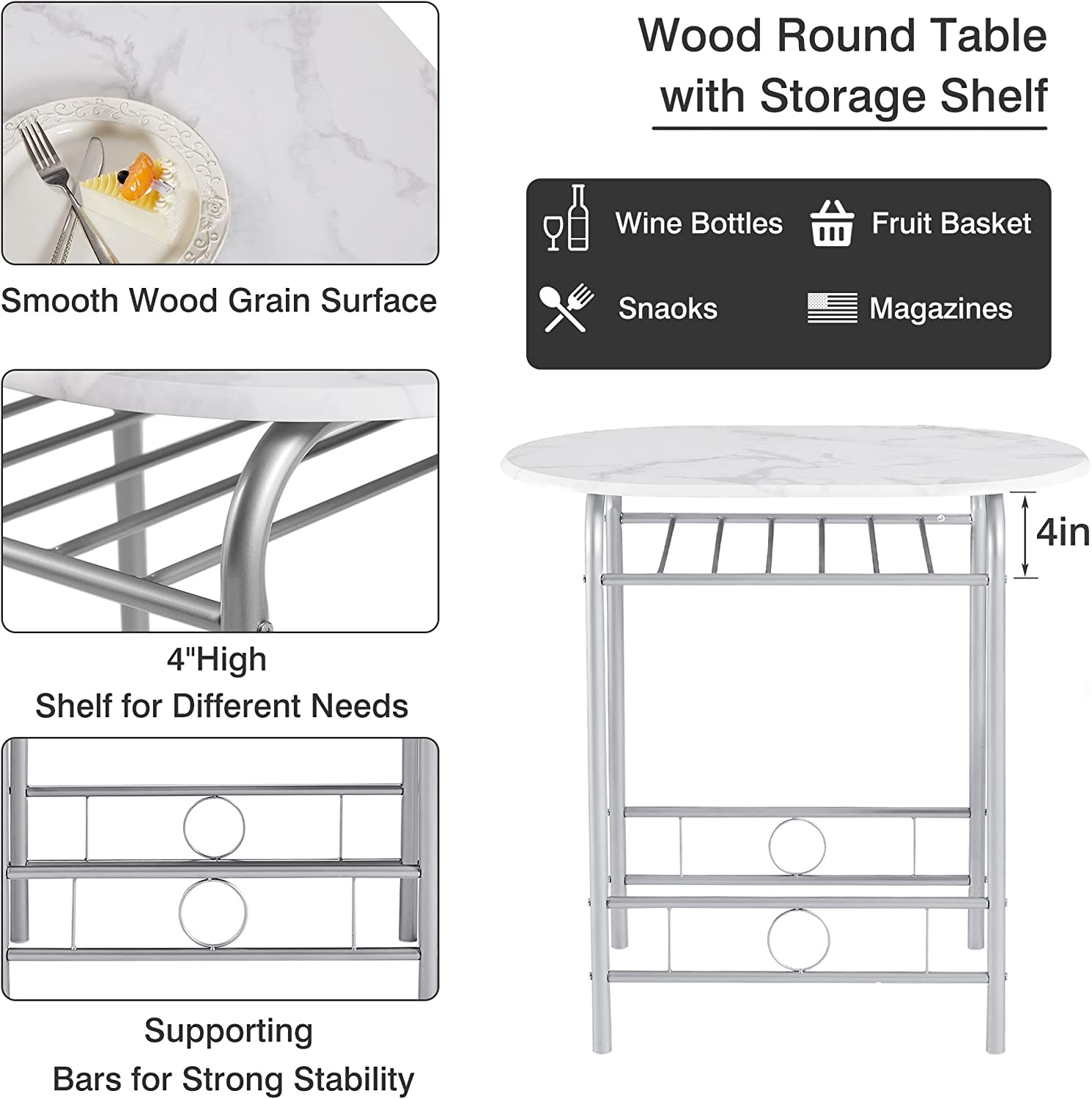 VECELO 3 Piece Small Round Dining Table Set for Kitchen Breakfast Nook， Wood Grain Tabletop with Wine Storage Rack， Save Space， 31.5， White and Silver