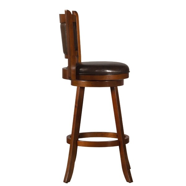 Dennery Wood Bar Height Swivel Stool， Cherry with Brown Vinyl