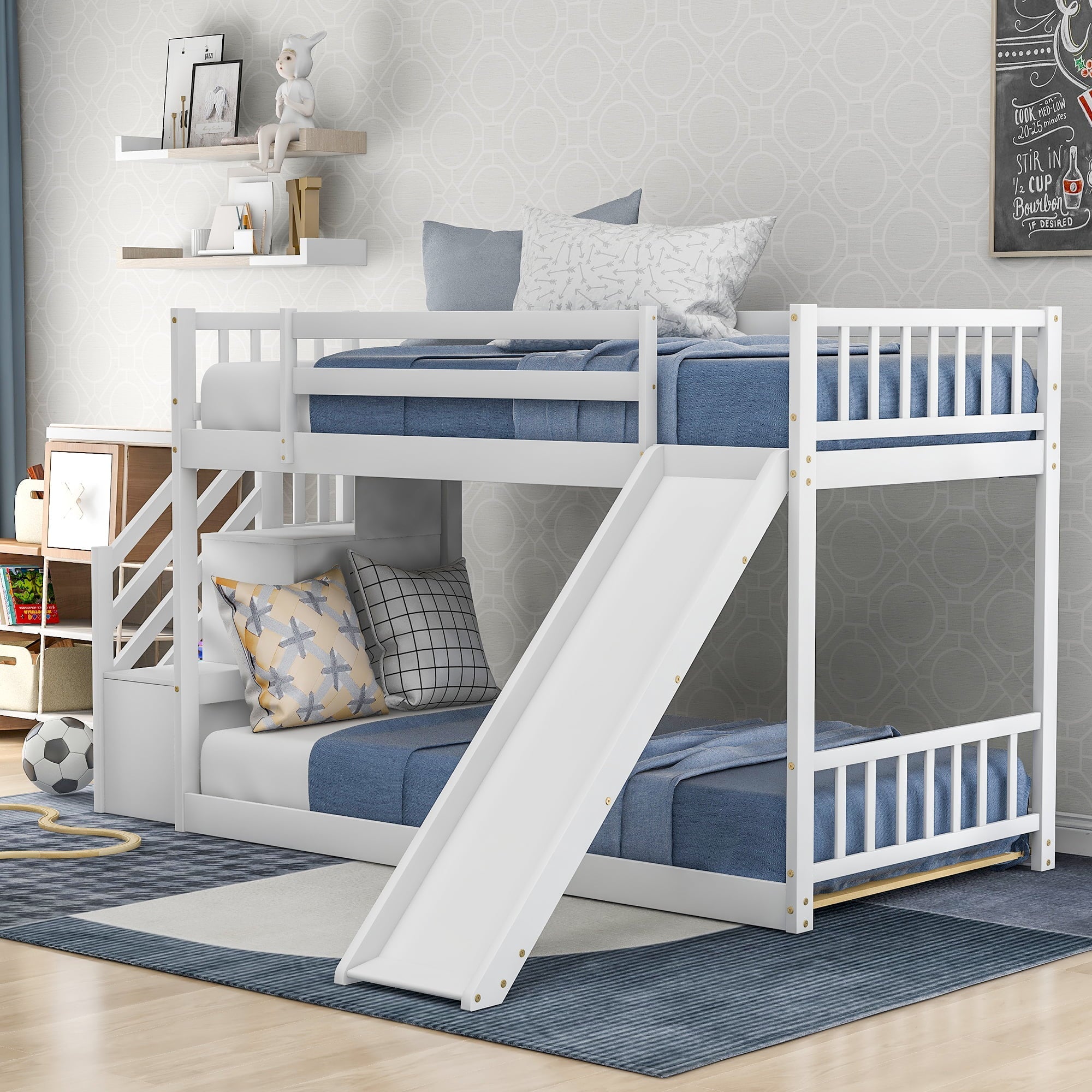 Euroco Twin over Twin Bunk Bed with Slide and Stairway for Kids' Room, White