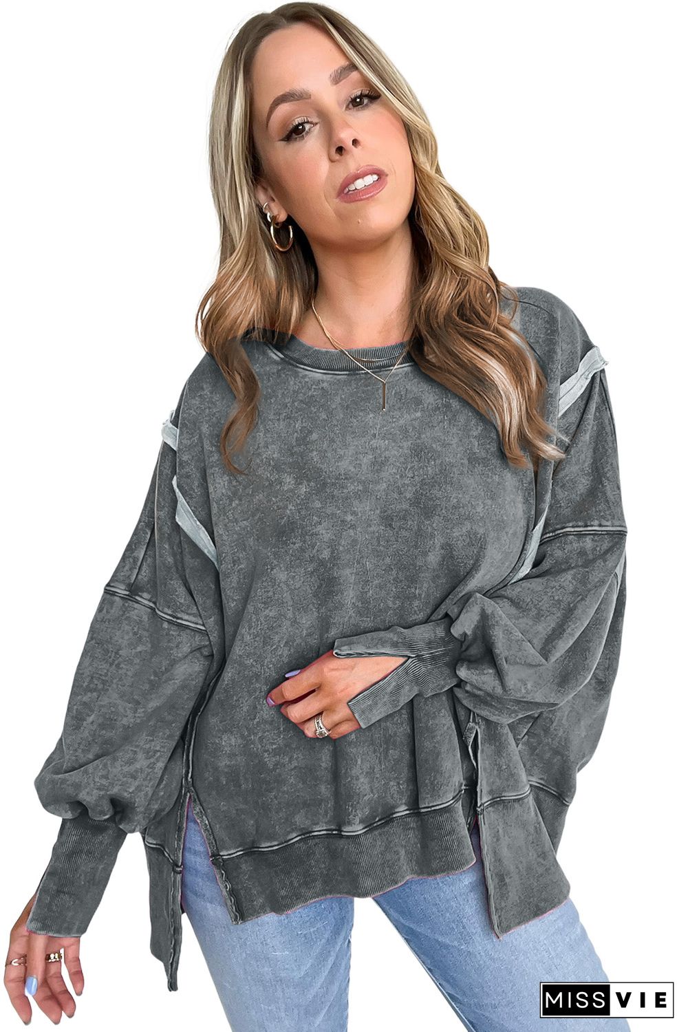 Gray Acid Wash Relaxed Fit Seamed Pullover Sweatshirt with Slits