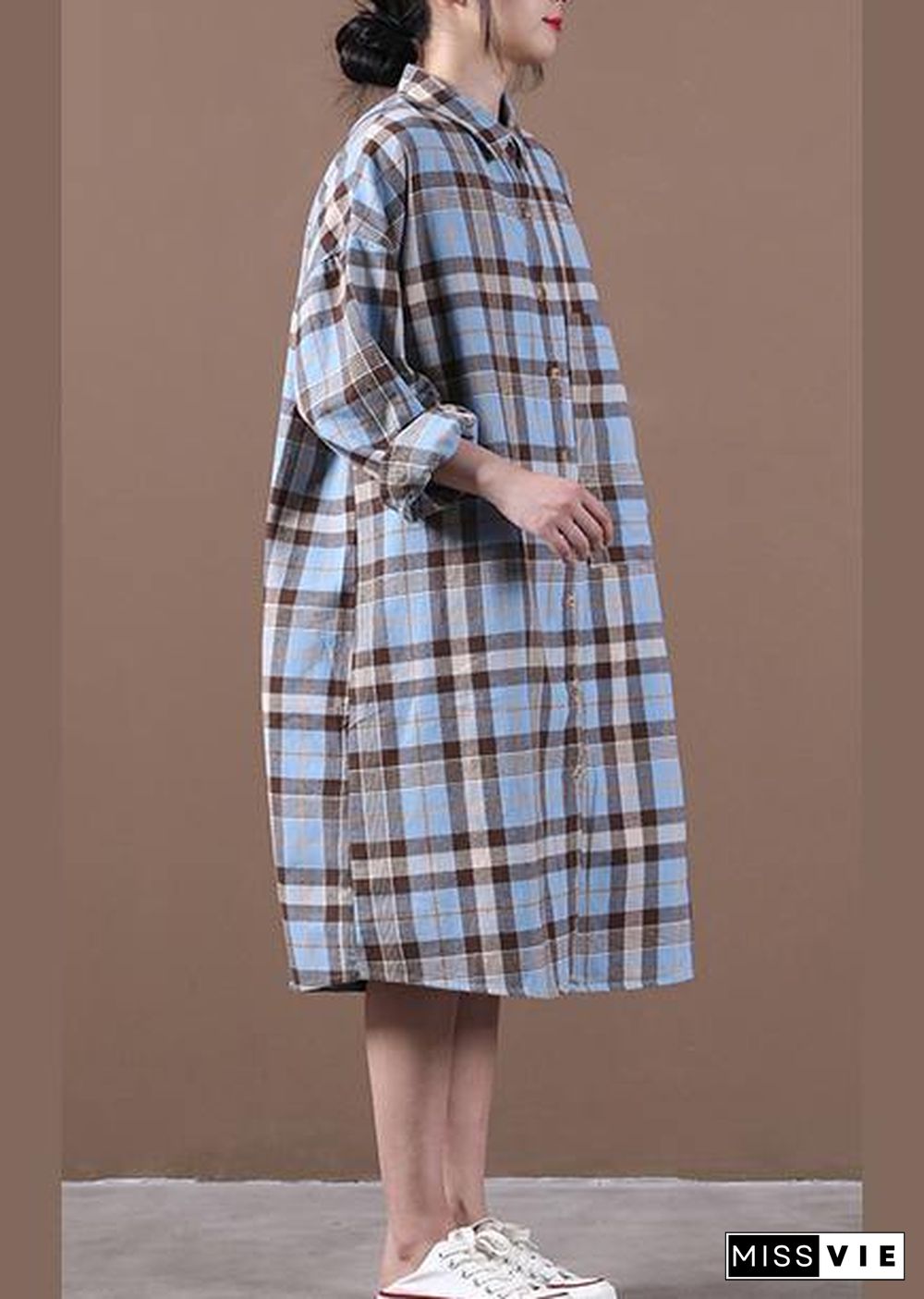 Modern lapel Cinched spring Long Shirts Work Outfits blue plaid Dresses