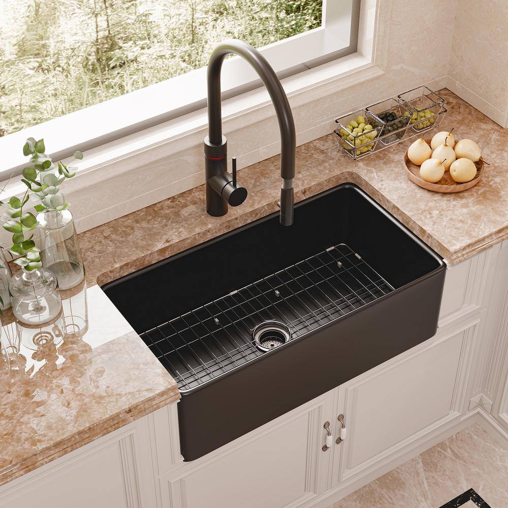 Black Fireclay 33 in. Single Bowl Farmhouse Apron Kitchen Sink with Bottom Grid and Basket Strainer HKD-331810-B