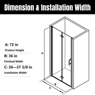 TOOLKISS 36 to 37-38 in. W x 72 in. H Bi-Fold Frameless Shower Doors in Black with Clear Glass BFH36MB