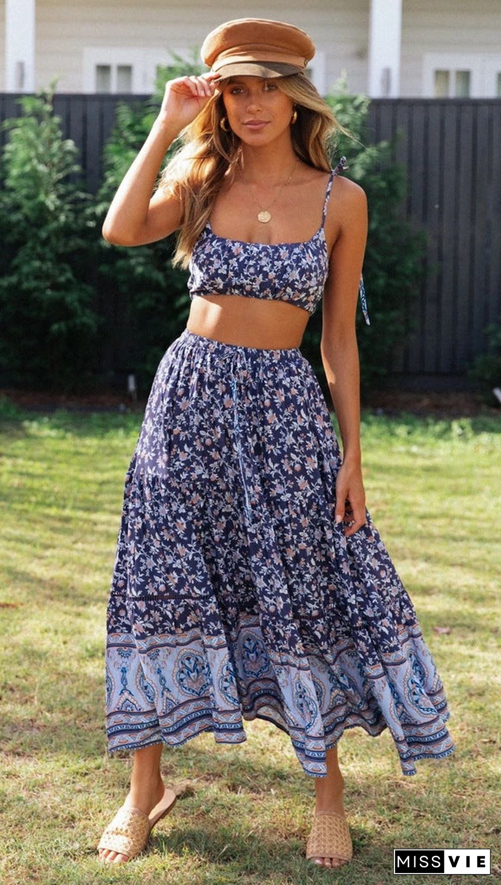 Navy Floral Cami Top and Skirt Matching Sets