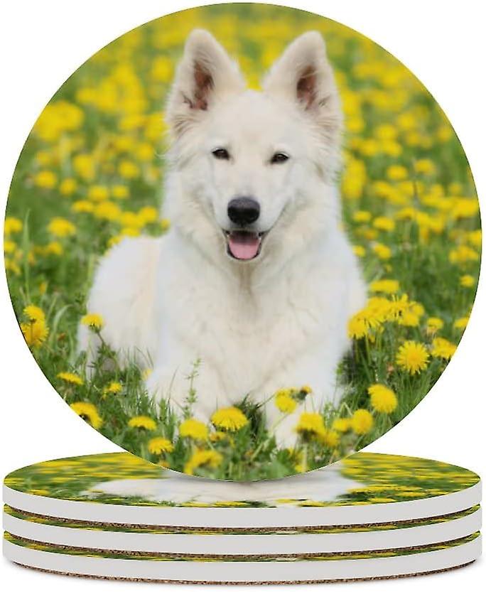 2pcs Round White Swiss Shepherd Portrait Ceramic Coasters With Cork-backed For Coffee Drink Cup Mat Absorbent Stone Coasters