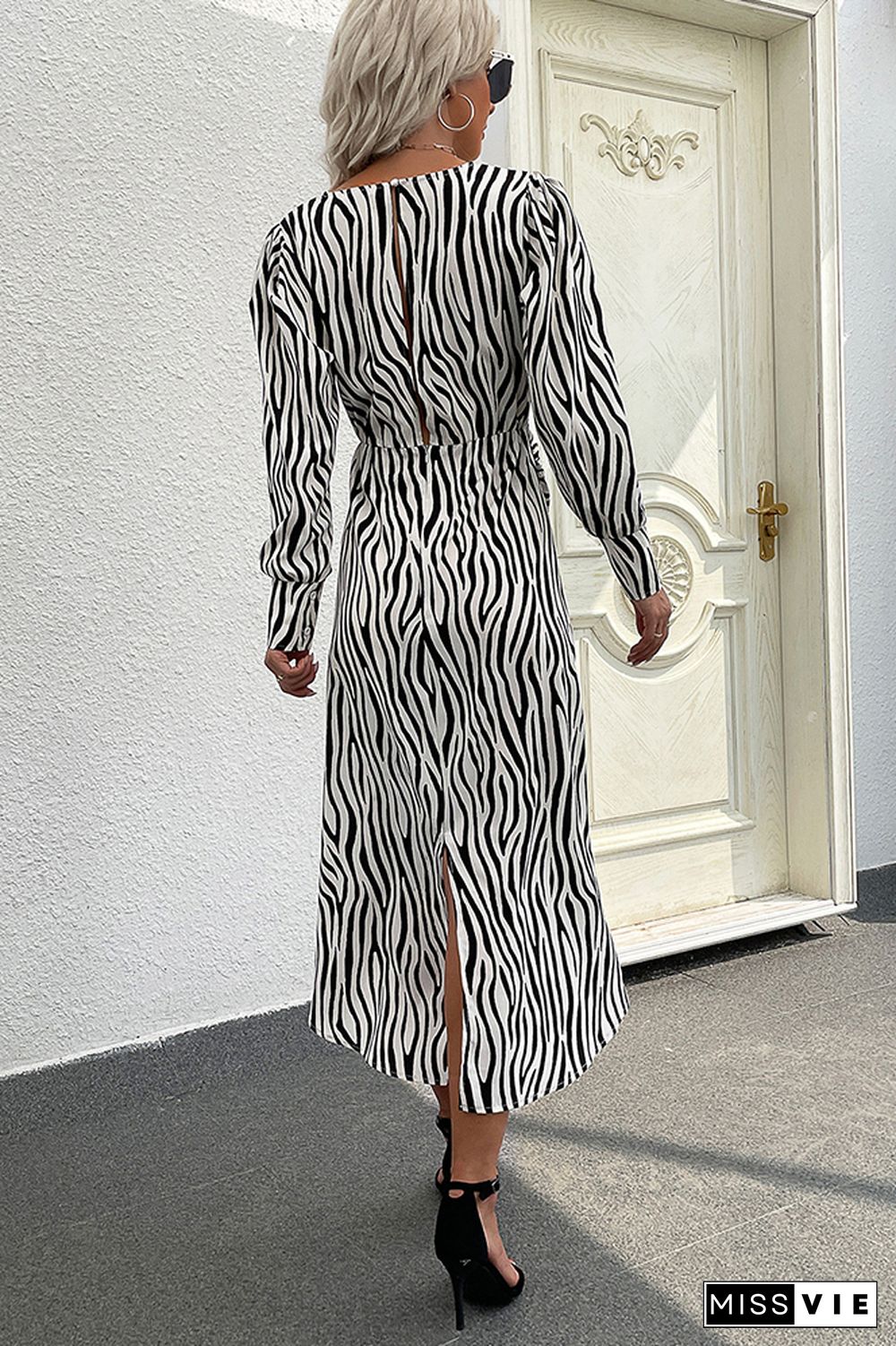 Zebra Striped V Neck Irregular Length Midi Dress