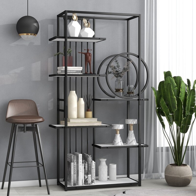 6 Tier Bookshelf  Industrial Bookcases with Metal Frame  Open Large Book Shelf  Tall Display Shelves for Home and Office