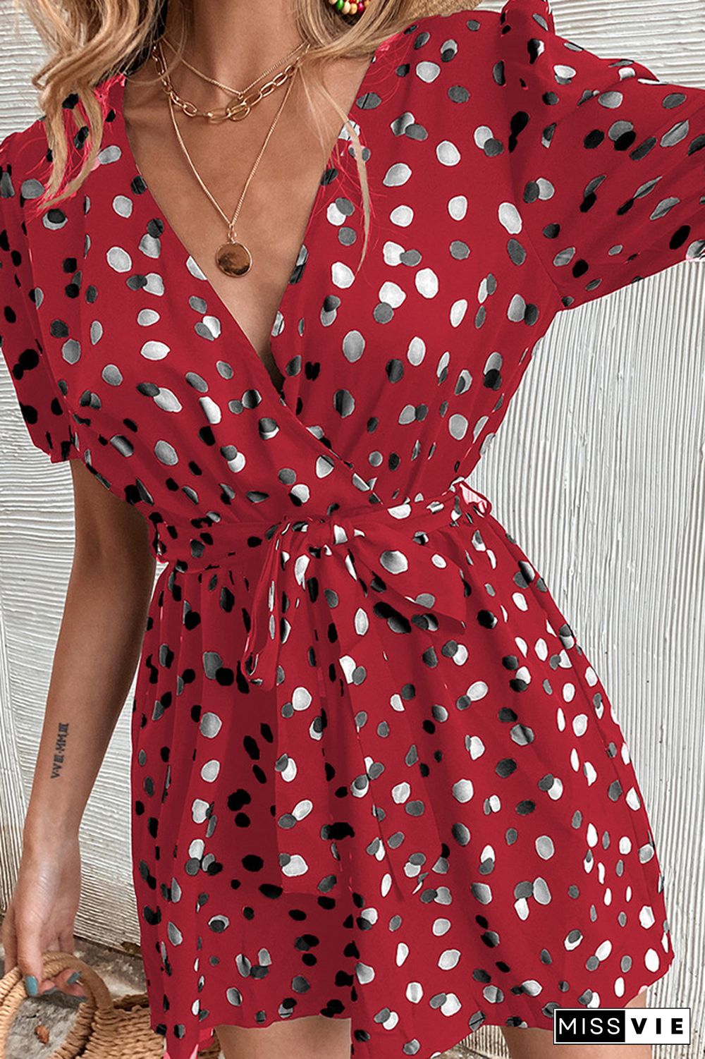 Wrap V Neck Spot Print Romper With Sash