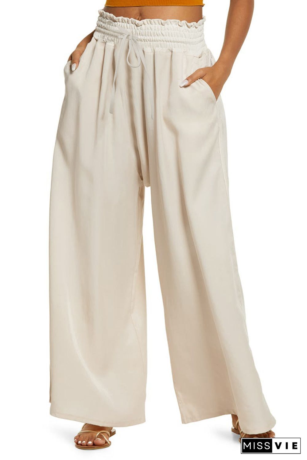 Beige Smocked High Waist Wide Leg Pants