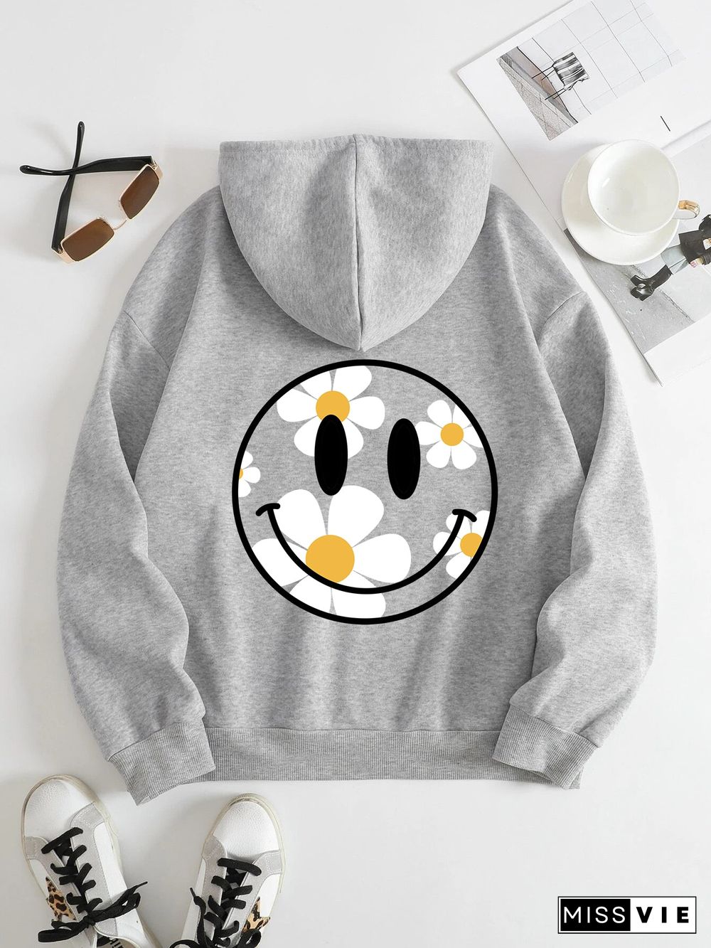 Printed on the Back Kangaroo Pocket Hoodie Long Sleeve for Women Pattern Smiley face and flowers