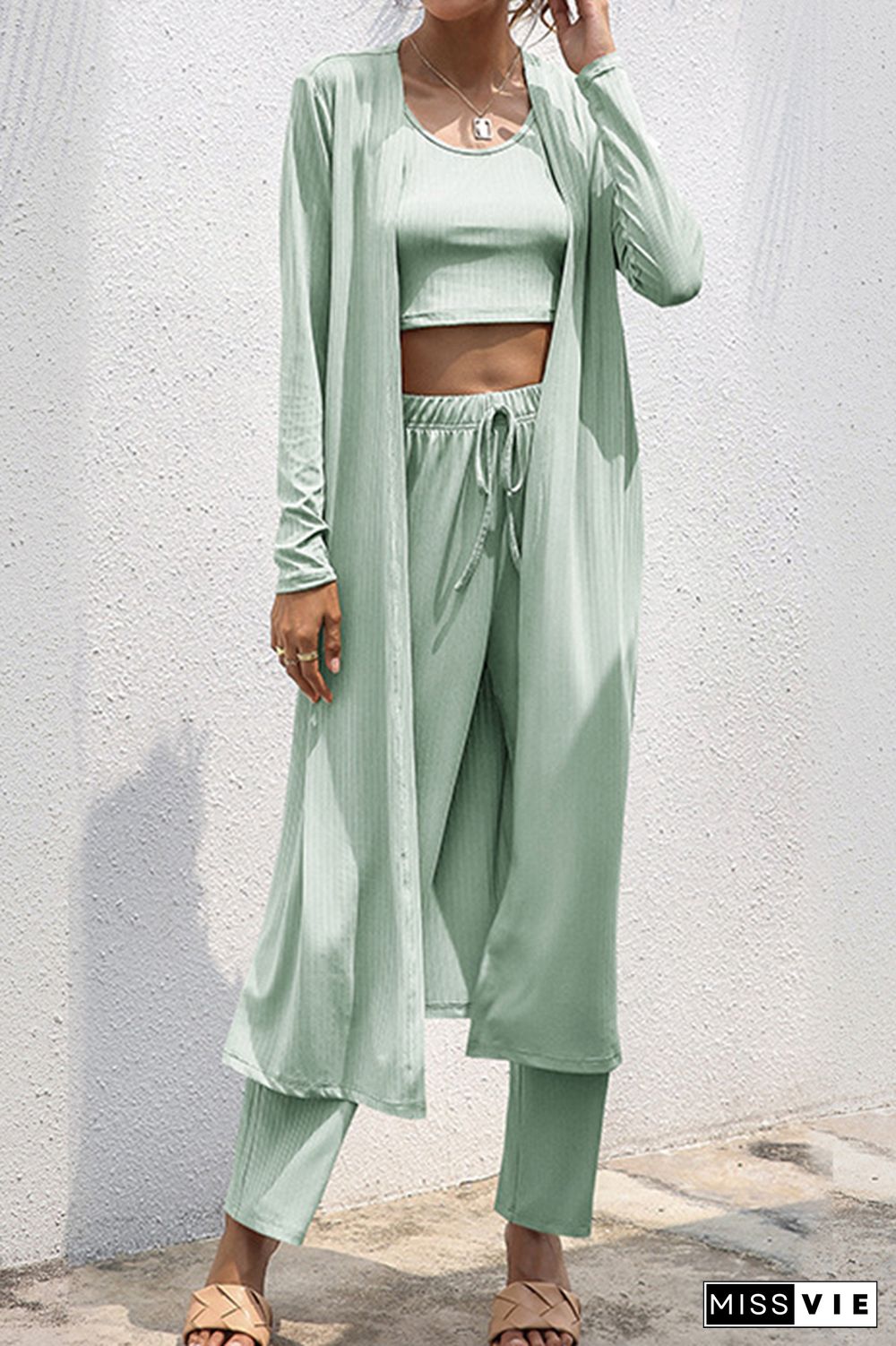 Crop Tank Top and Wide Leg Pants with Coat 3 PCS Set Wholesale