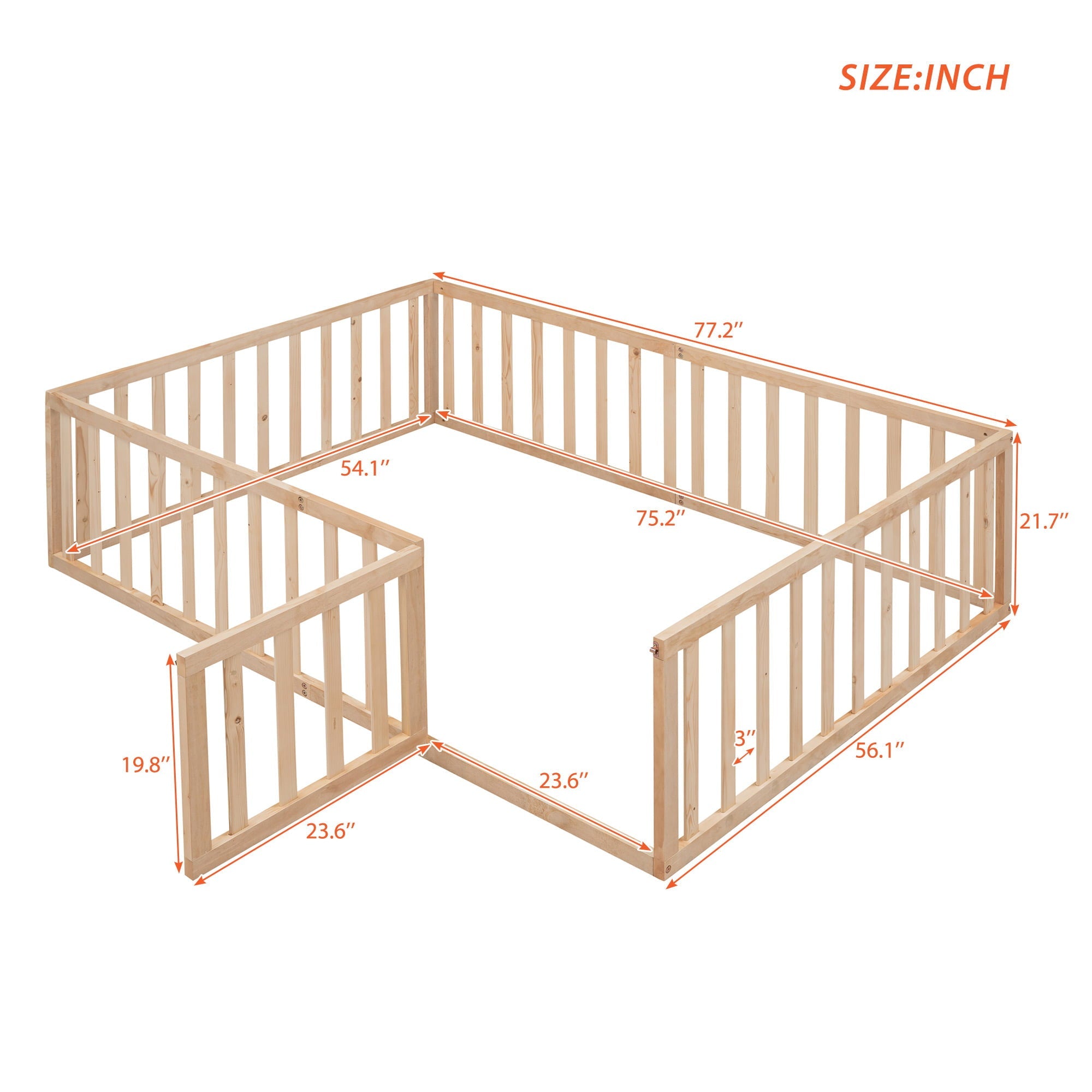 uhomepro Full Floor Bed Frame for Toddlers, Floor Kids Bed with Fence and Door, Low Wood Beds for Girls Boys, Natural