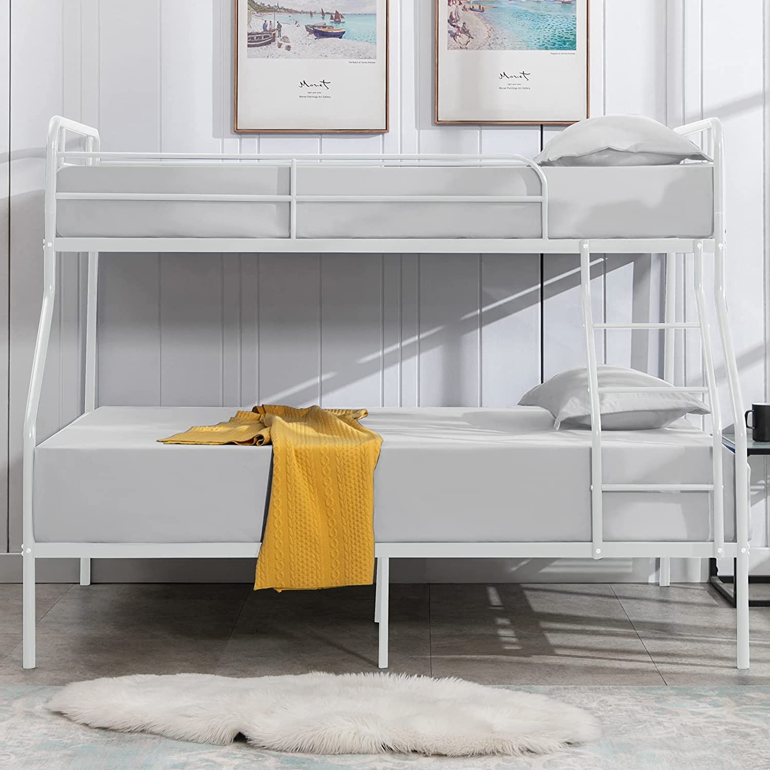 cuoote Twin Over Full Bunk Bed w/Ladder and Guardrail, Space-Saving Design, No Box Spring Needed, White