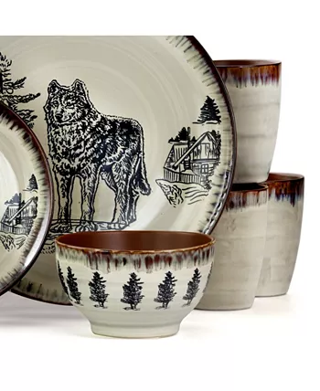 Elama Majestic Wolf 16 Piece Luxurious Stoneware Dinnerware Set