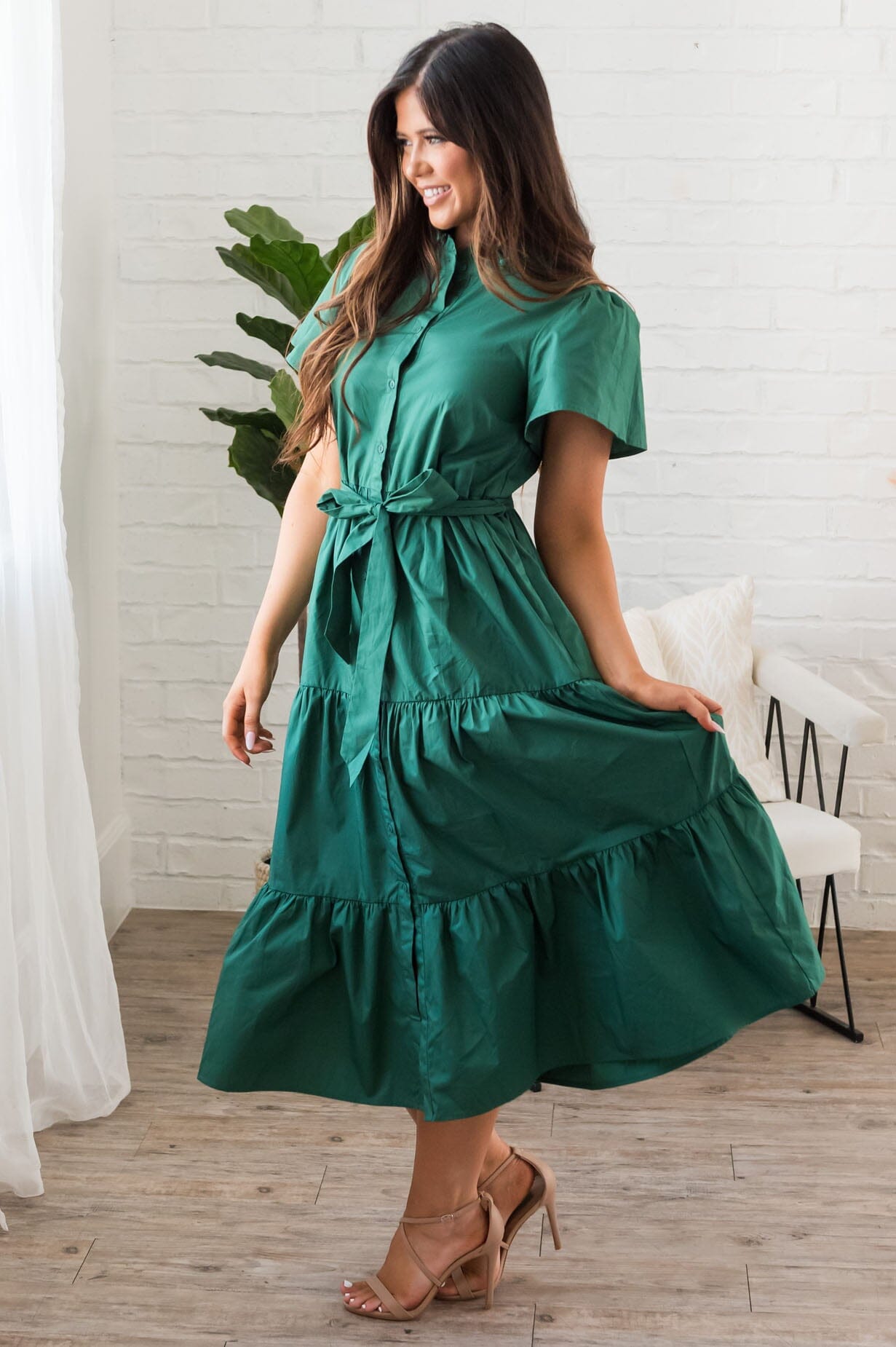 Autumn Ruffle Dress-Emerald Green