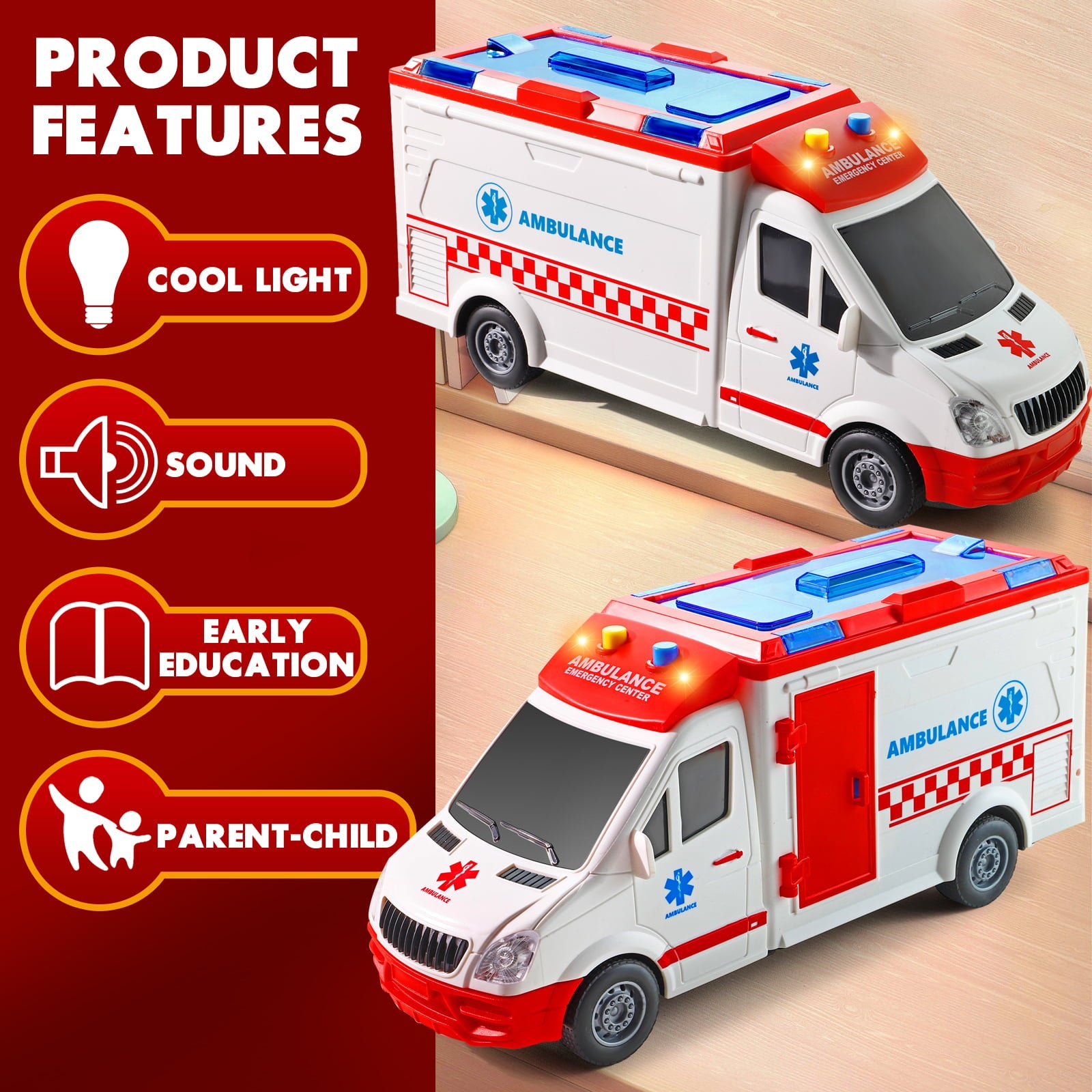 NETNEW Ambulance Toy Car with Light and Siren Sound Effects - Friction Powered Wheels and LED Lights Toys for Boys 3-6 Years