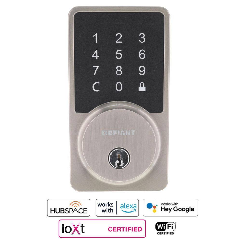 Defiant Square Satin Nickel Smart Wi-Fi Deadbolt Powered by Hubspace HSGC9X2D01AJ