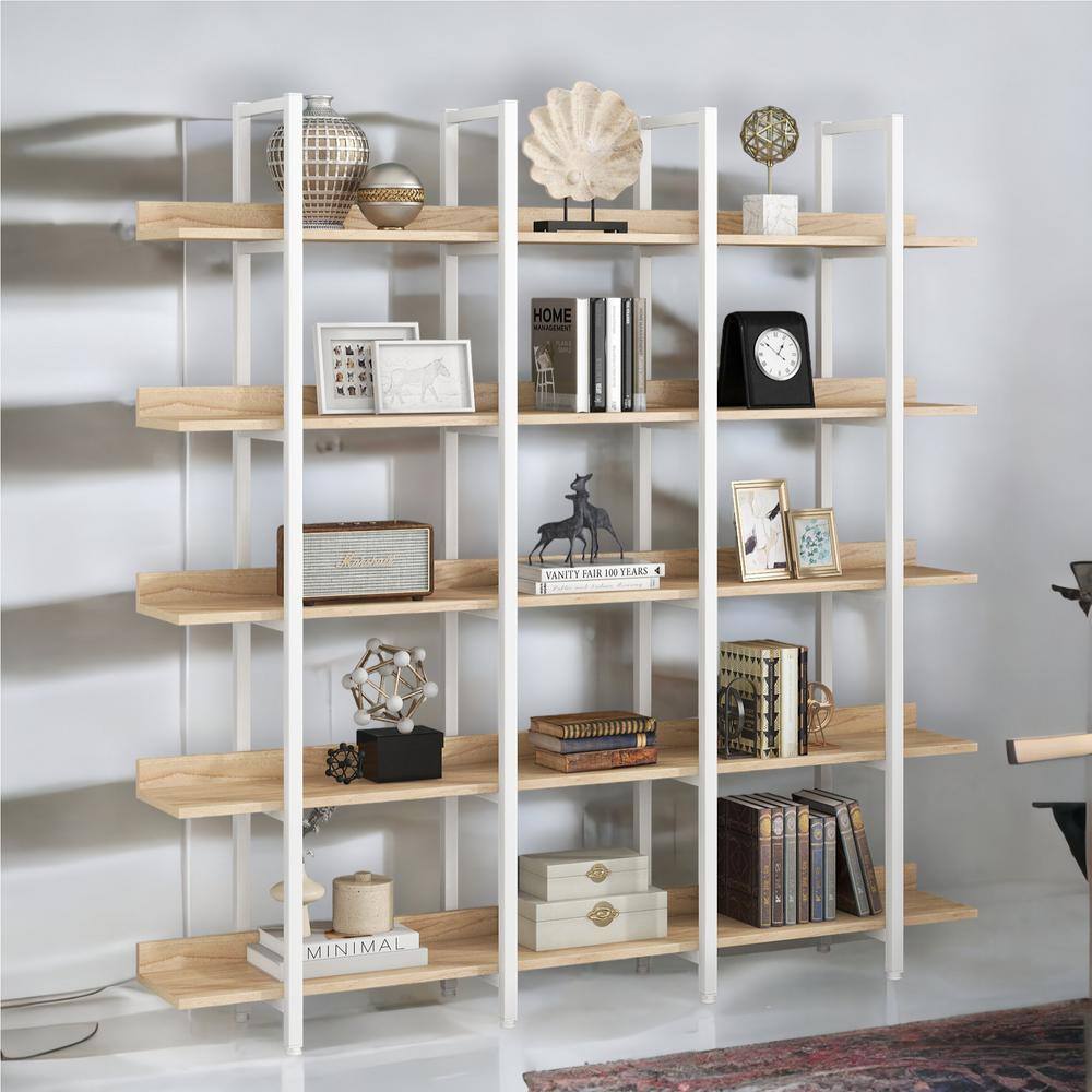 Asucoora Giltner 71 in. Wide WhiteOak Metal 5-Shelf Etagere Bookcase with Open Back NYZWJ006-WK