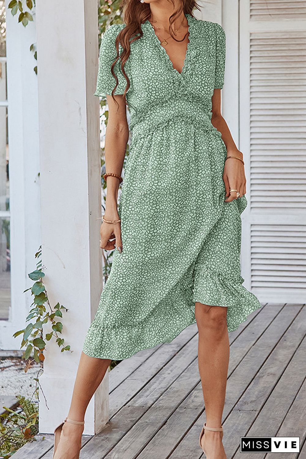 Polka Dot V-neck Short Sleeve Waisted Long Dress Wholesale