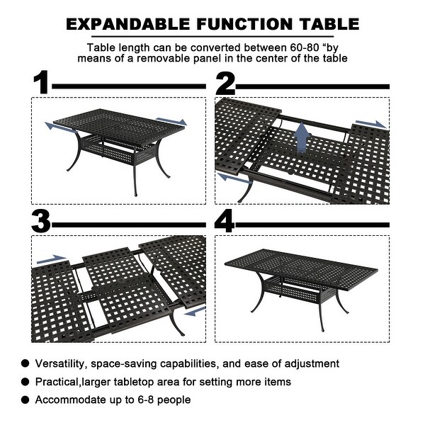 80in Outdoor Rectangular Dining Table Cast Aluminum Frame Adjustable Length Vintage Patio Table with Umbrella Hole