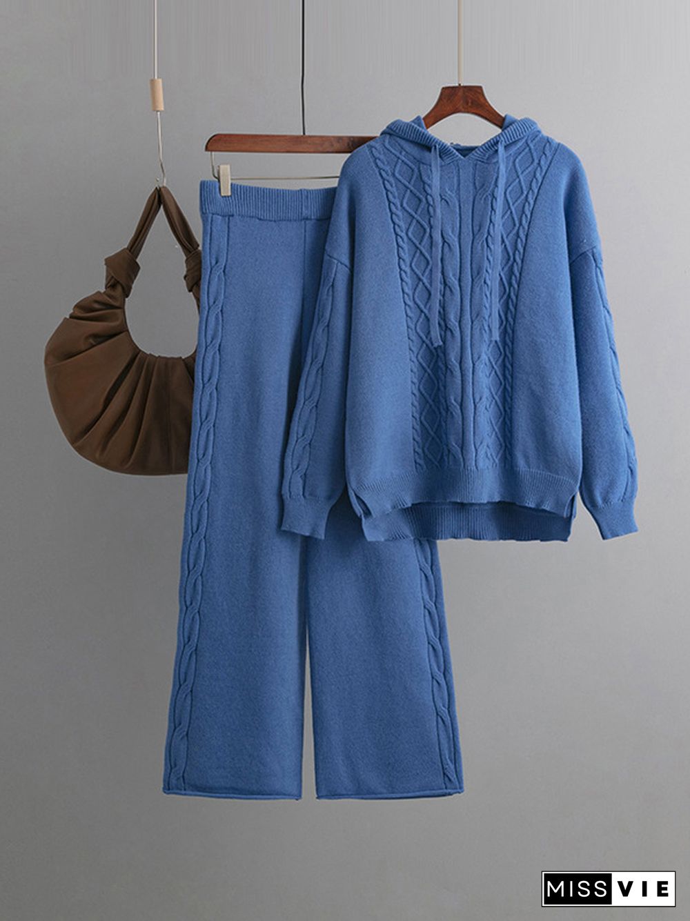 Urban Loose Solid Color Hooded High-Low Sweater Tops & Wide Leg Pants Two Pieces Set