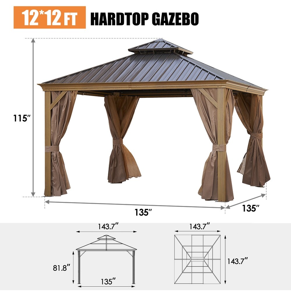 Season 12 x 12FT Patio Gazebo with Galvanized Metal Vented Double Roof and Netting