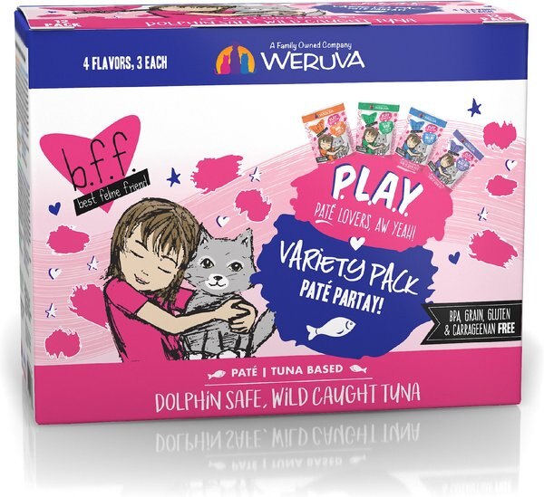 BFF Play Pate Lovers Pate Partay Variety Pack Wet Cat Food， 3-oz pouch， pack of 12