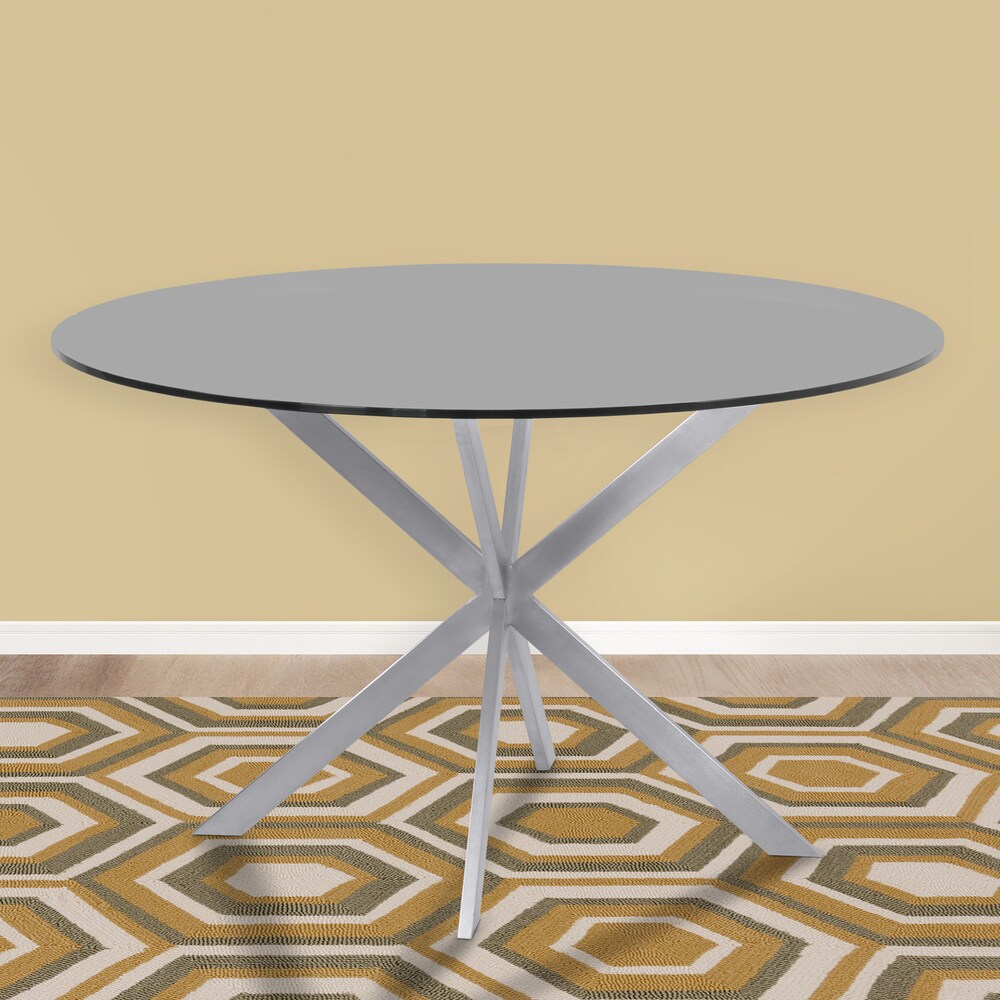 Armen Living Mystere Grey Tempered Glass Brushed Stainless Steel Round Dining Table