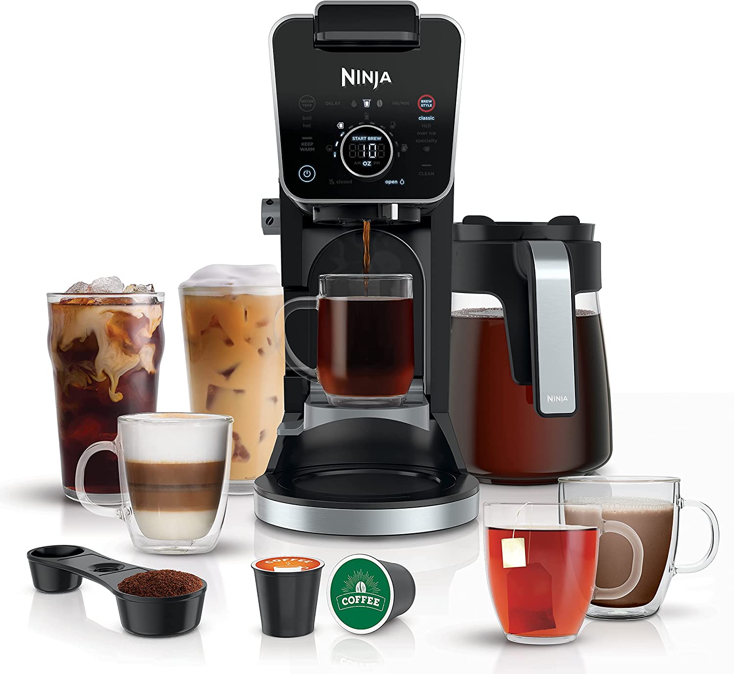 Ninja CFP301 DualBrew Pro Specialty 12-Cup Drip Maker with Glass Carafe， Single-Serve for Coffee Pods or Grounds， with 4 Brew Styles， Frother and Separate Hot Water System， Black (1 COUNT)