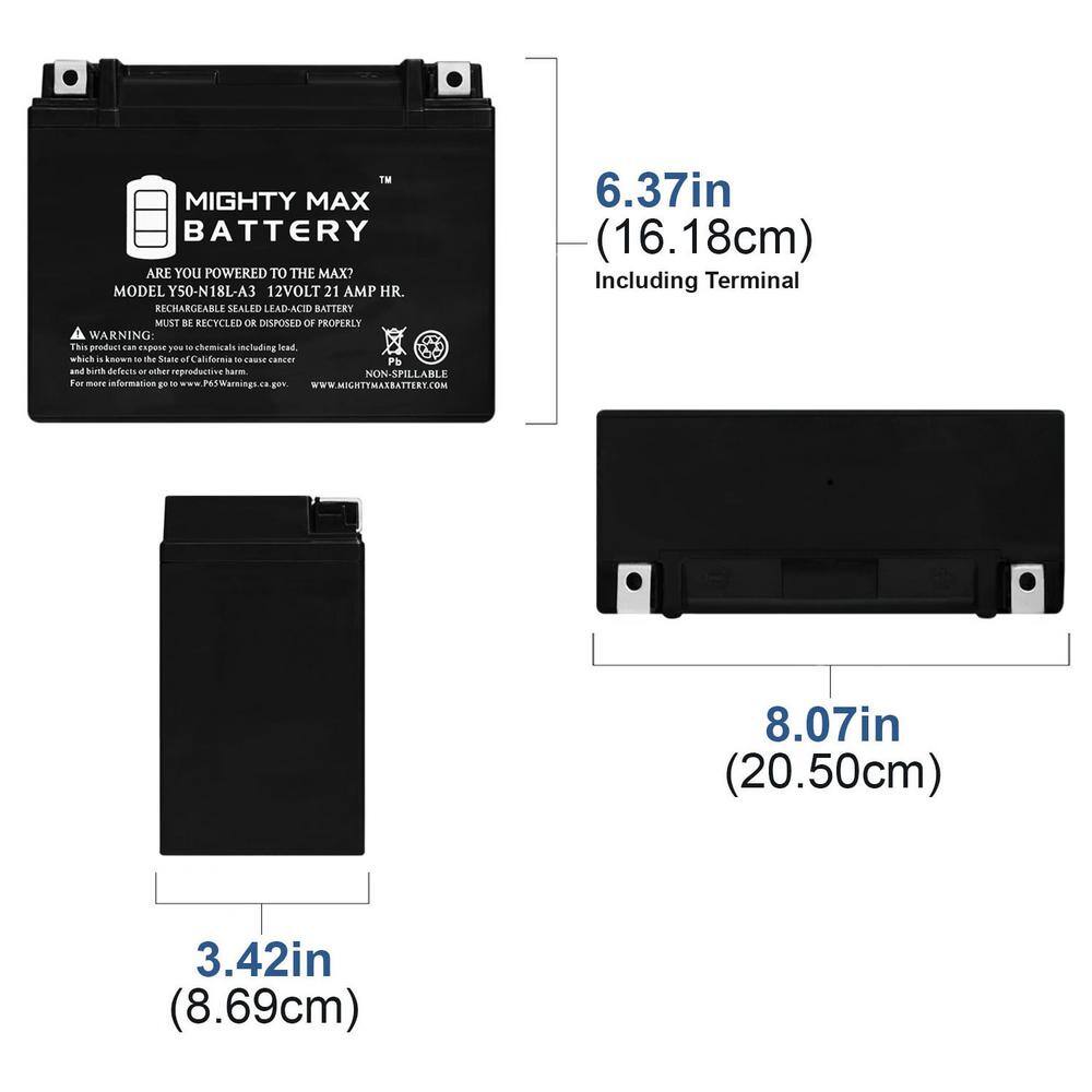 MIGHTY MAX BATTERY 12-Volt 21 AH 350 CCA Rechargeable Sealed Lead Acid (SLA) AGM Battery Y50-N18L-A3