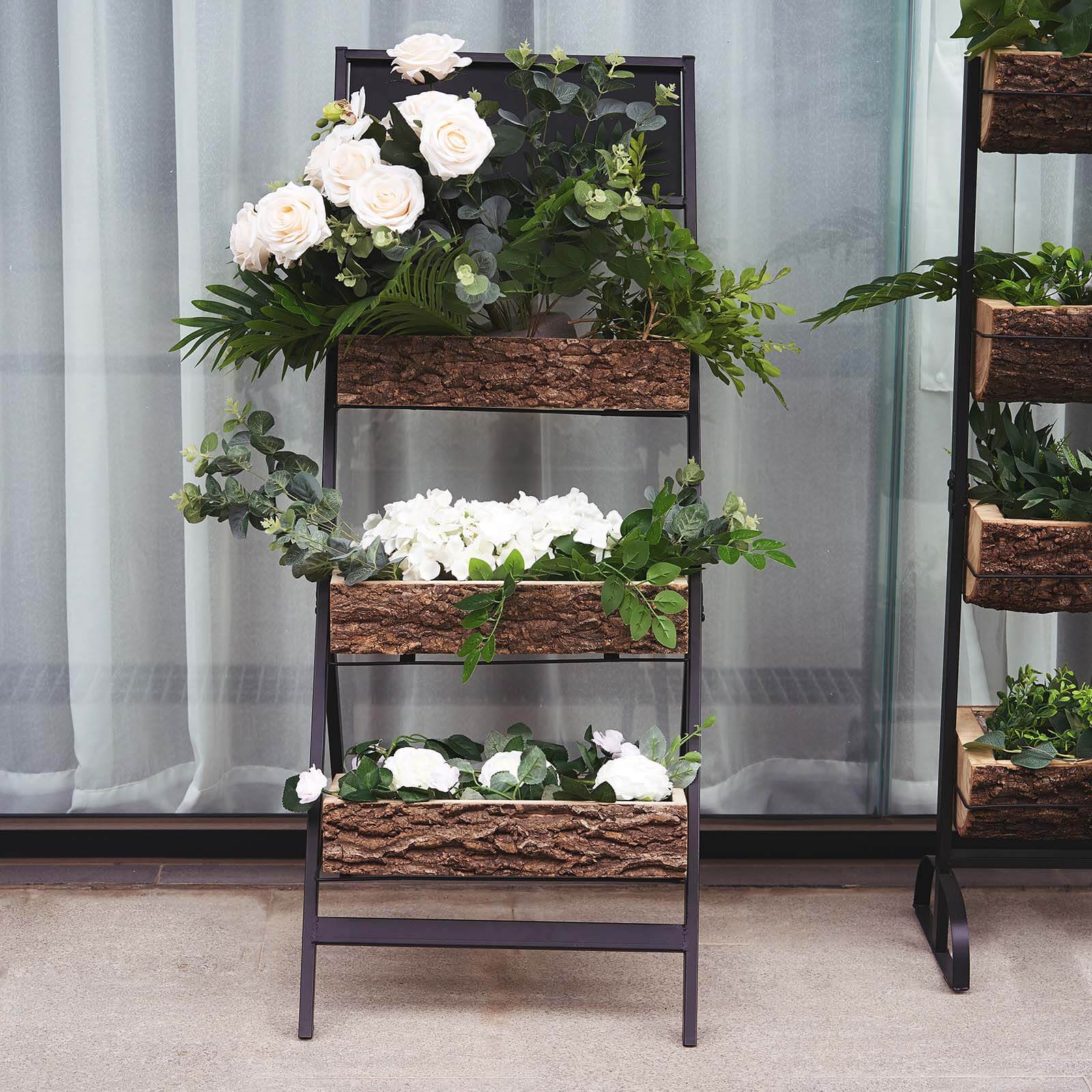 3-Tier Metal Ladder Plant Stand With Natural Wooden Log Planters 42