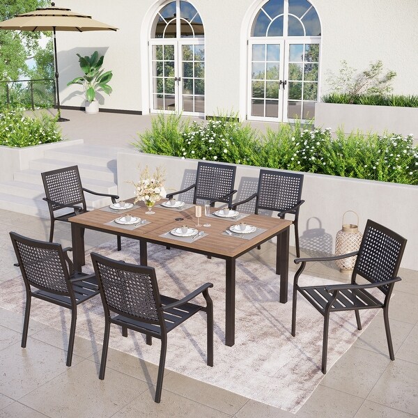 7Piece Patio Ecoating Dining Set of 6 Stackable Chairs and 1 Metal Dining Table