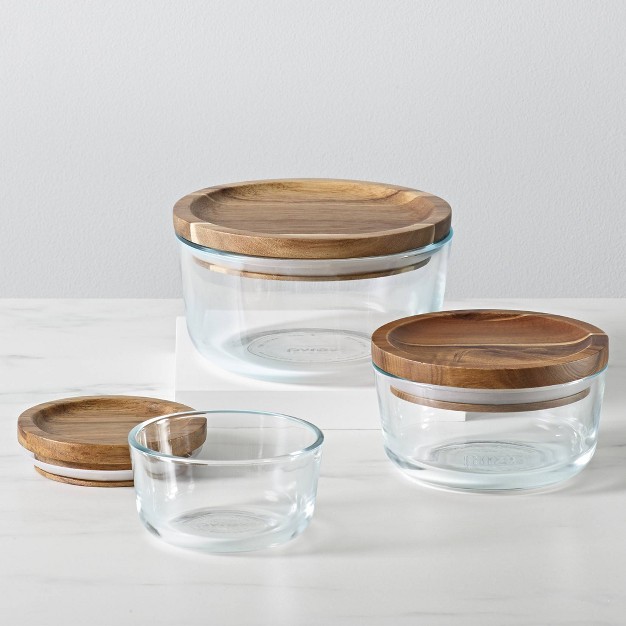 Pyrex 6pc Glass Round Food Storage Container Set With Wooden Lids