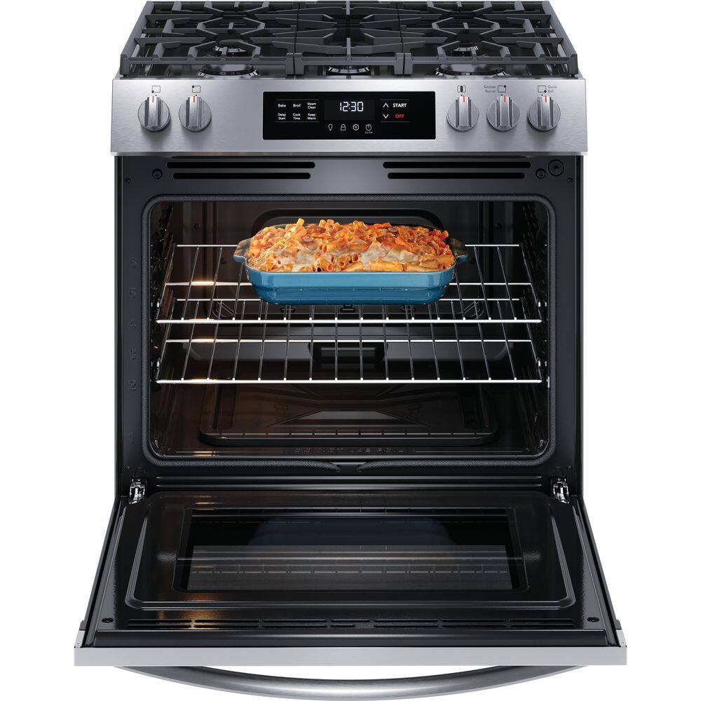 Frigidaire 30 in. 5 Burner Front Control Gas Range with Steam Clean in Stainless Steel FCFG3062AS