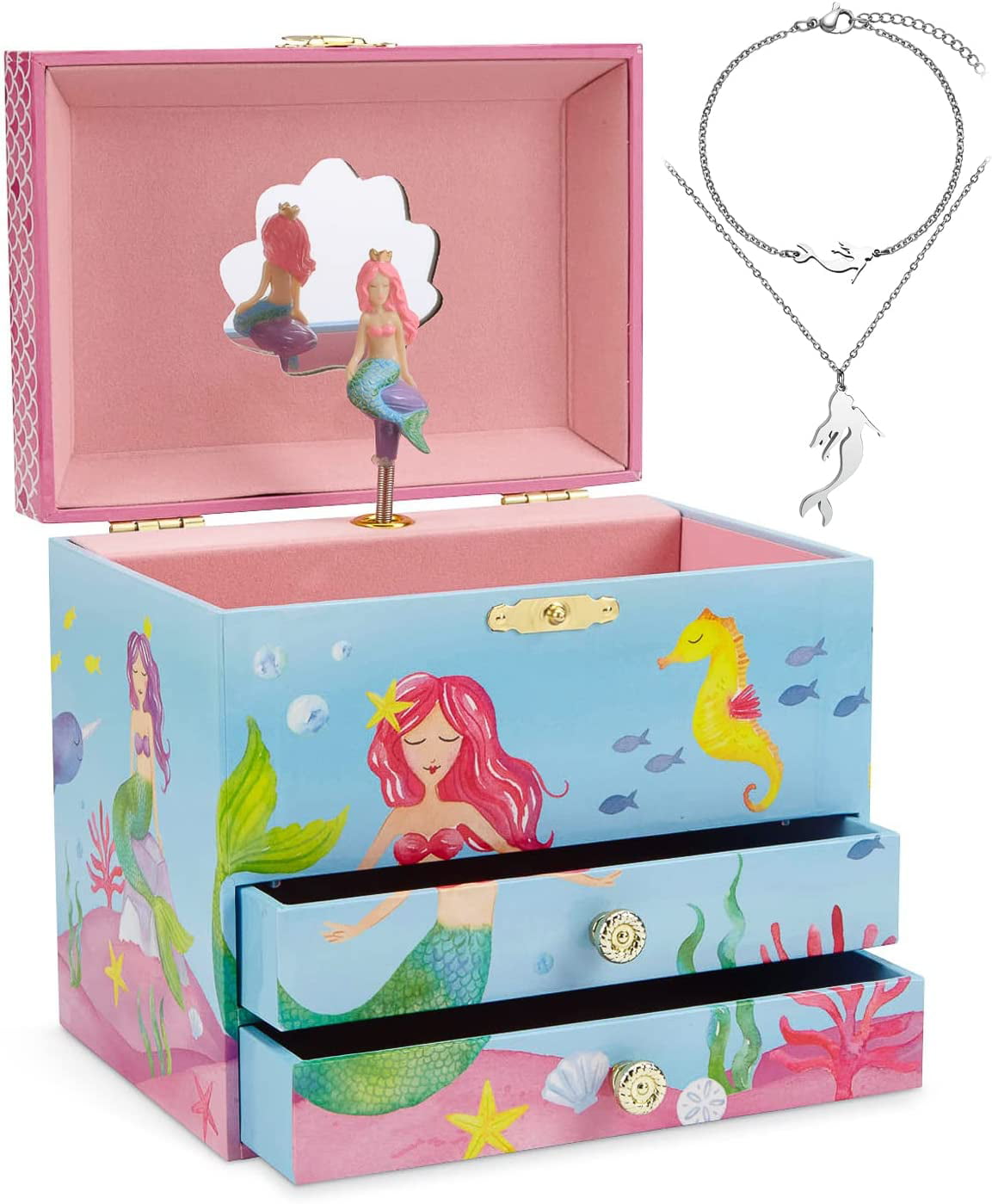 Jewelkeeper Mermaid Musical Jewelry Box & Little Girls Jewelry Set - 3 Mermaid Gifts for Girls