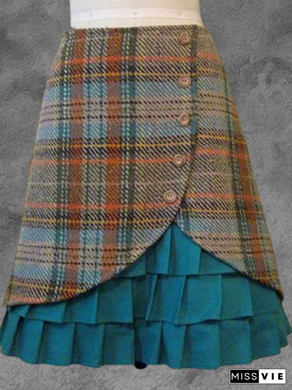 Blue Paneled A-Line Checkered/plaid Vintage Skirt