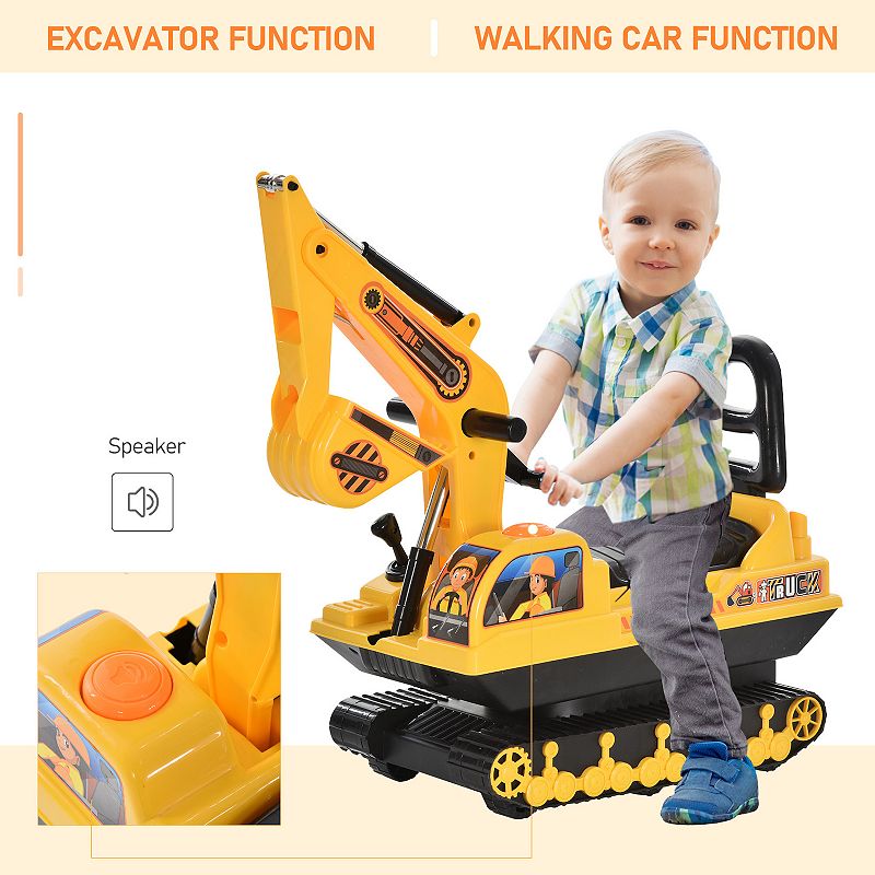 HOMCOM NO POWER Ride On Excavator Toy Tractors Digger Movable Scooter Walker Pretend Play Toddler Construction Truck Basket Storage For Boys Girls 3 Years Old Yellow Black