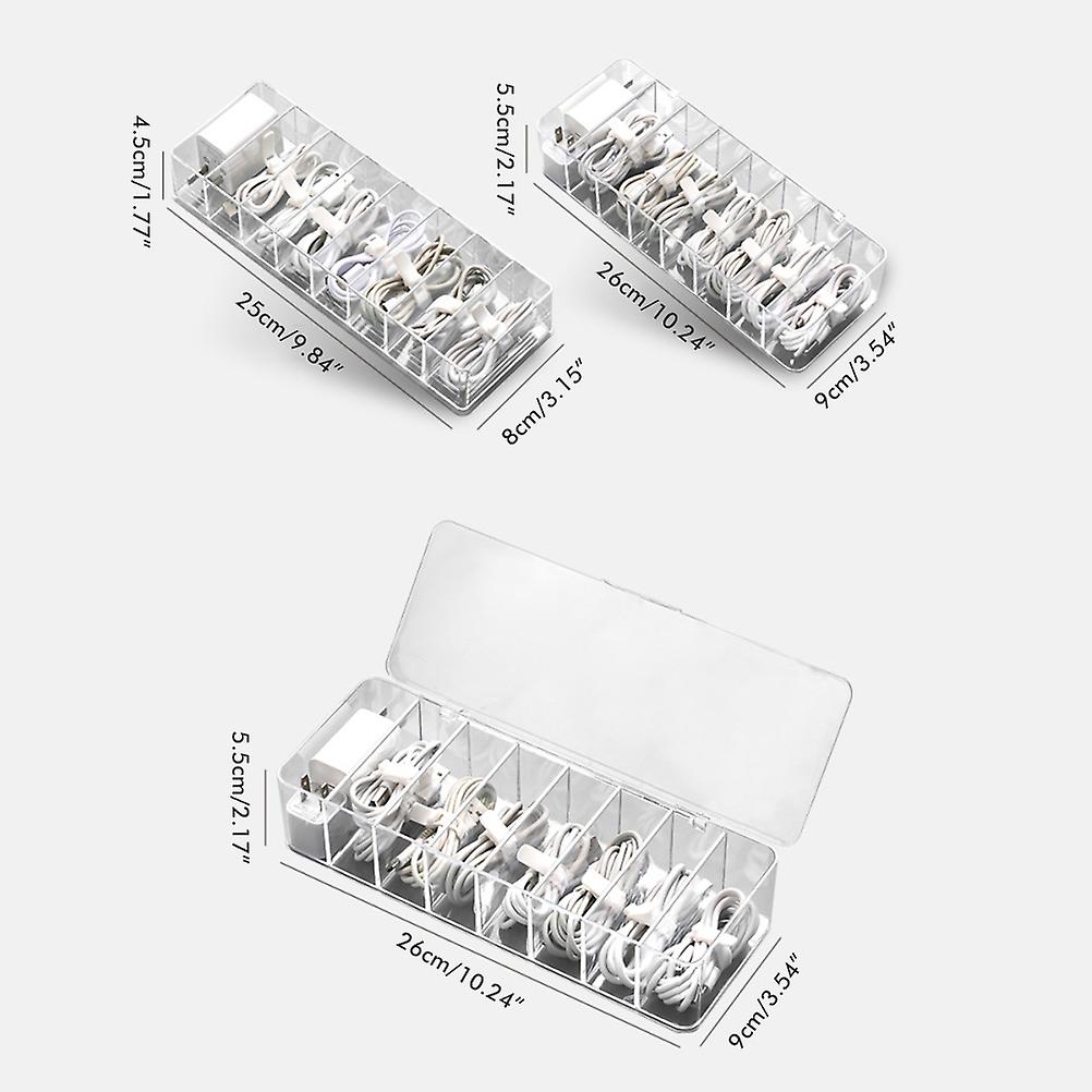 8 Grids Clear Plastic Cable Storage Box Data Cable Storage Container Save Space Cable Management Box for Storing Earrings Rings and Data Cables