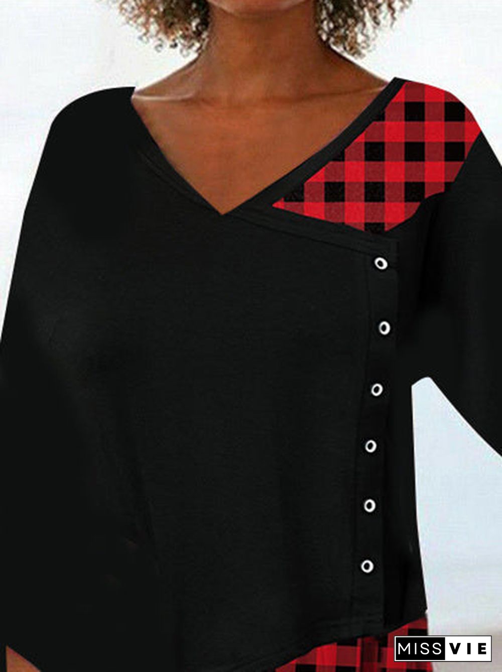 Women Asymmetrical Long Sleeve V-neck Buttton Plaid Top Dress