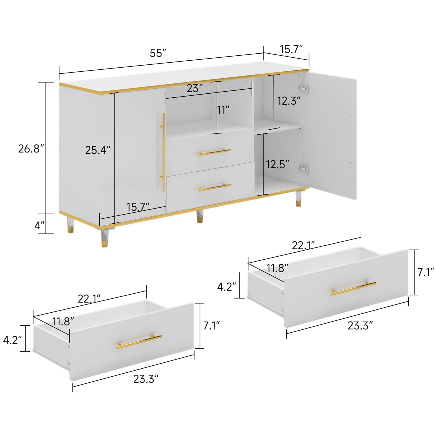 Buffet Cabinet High Glossy Kitchen Sideboard Cabinet with Drawers, Wine Glass Holder, Adjustable Shelf