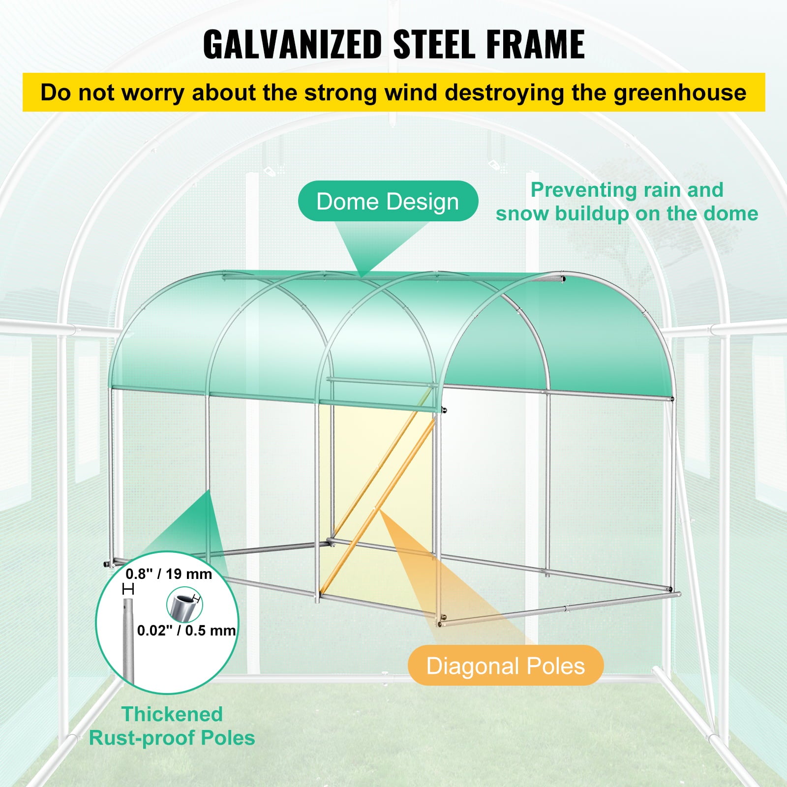 VEVORbrand Walk-in Tunnel Greenhouse, 10 x 7 x 7 ft Portable Plant Hot House w/ Galvanized Steel Hoops, 1 Top Beam, Diagonal Poles, Zippered Door & 6 Roll-up Windows, Green