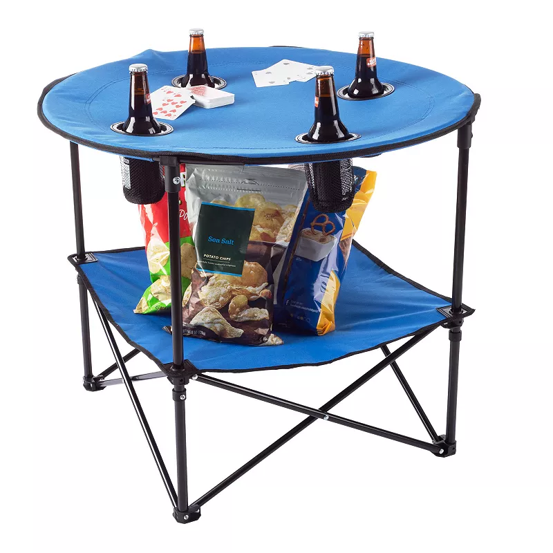 Wakeman Outdoors 2-Tier Round Camping Folding Table with 4 Cupholders