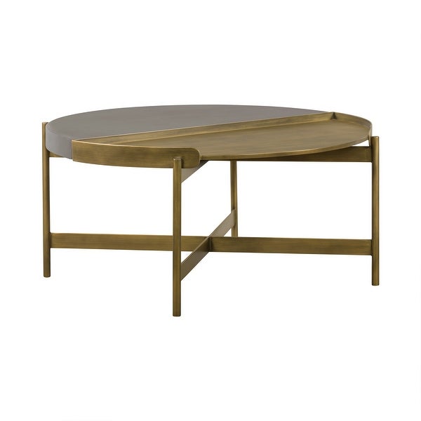 Concrete Coffee Table with X shape Base， Gray and Gold