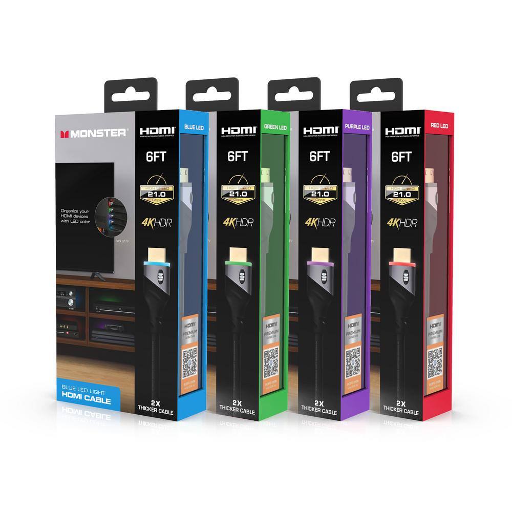 Monster 6 ft. LED Color Light HDMI Cable Blue Green Red and Purple (4-Pack) ECOM-1079-PP1