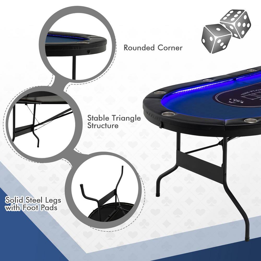 Costway Foldable 10 Player Poker Table Casino Texas Holdem with LED Lights USB Ports UY10016US-BL