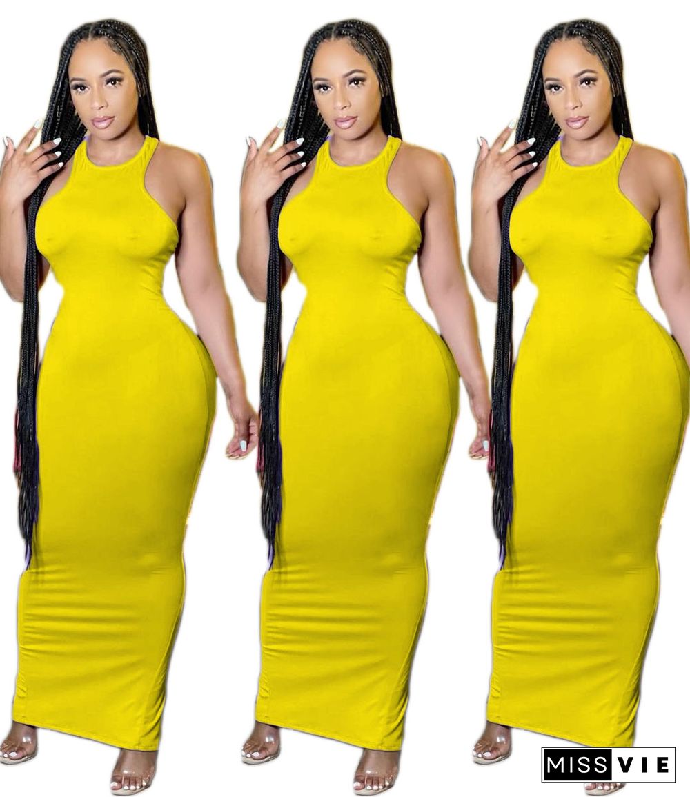 Fashion Solid Color Sleeveless O-Neck High Waist Summer Party Clubwear Outfit Bodycon Long Dress