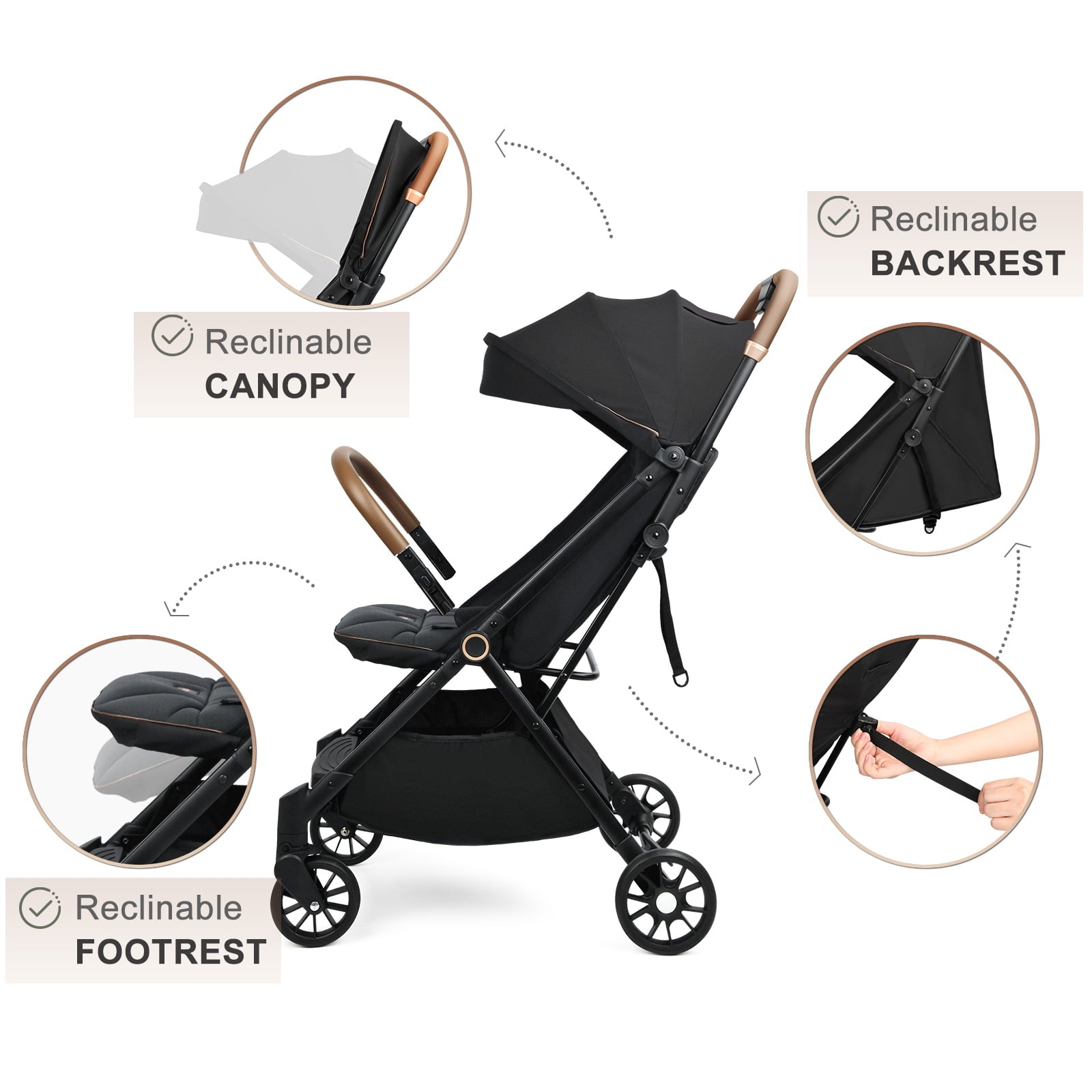 Besrey Lightweight Baby Stroller with Gravity Self-Folding, Compact Travel Stroller with Full-Size Canopy & Storage for 0-3 Years Infants, Black