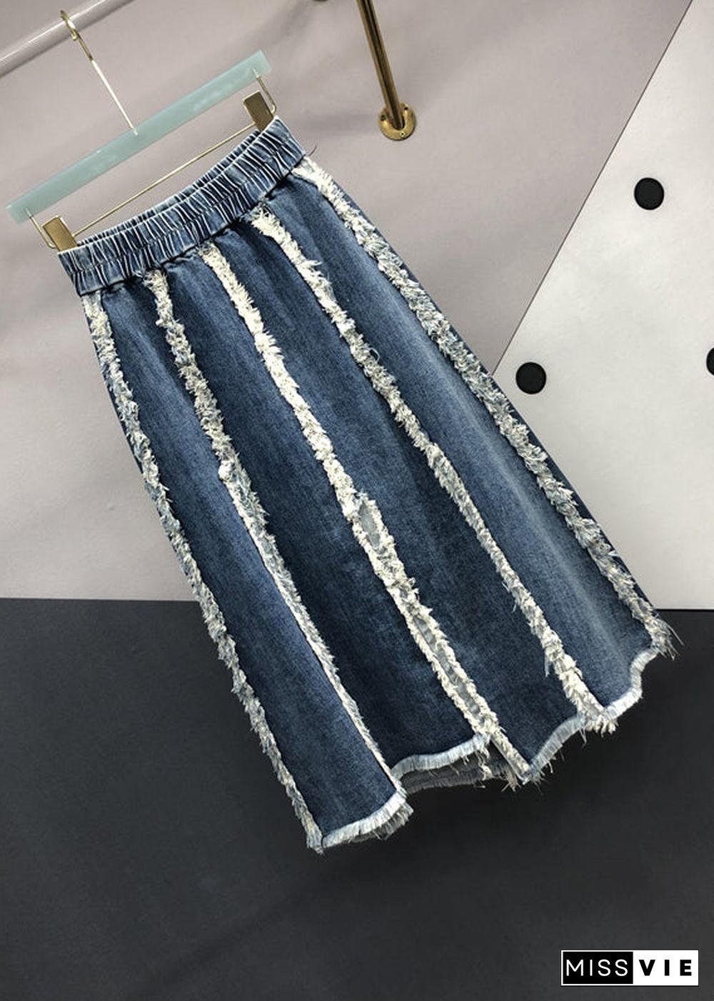 Italian Blue Tasseled Elastic Waist Patchwork Denim Skirts Fall